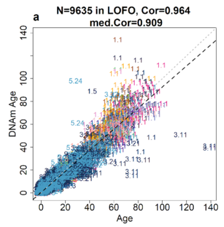 Universal mammalian clock: predicted DNAm age plotted against chronological age across species, leave-one-fold-out correlation 0.964